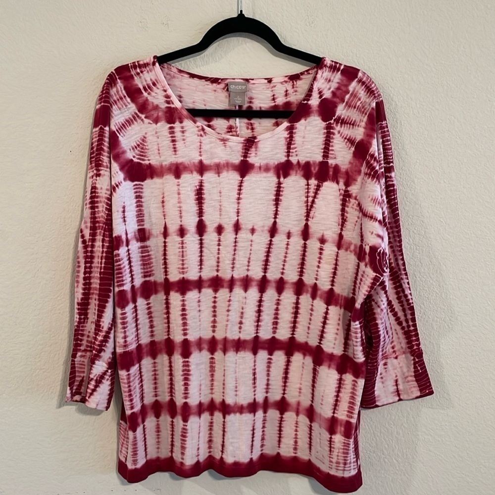 Chico’s Women Tunic Shirt Large Pink Tie Dye Bohemian Maximalist Coastal Grandma